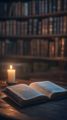 An open book on the table, candlelight illuminating its pages
