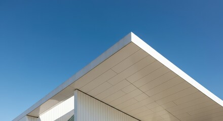 Modern architectural design featuring a sleek roofline against a clear blue sky
