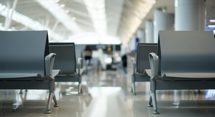 Modern airport seating area with empty chairs and bright lighting