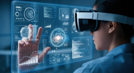 Woman using virtual reality headset to interact with holographic data display