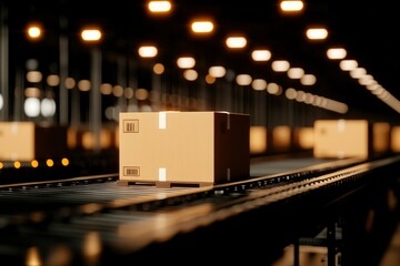 Parcel box moves on a conveyor belt in warehouse with lights for distribution use