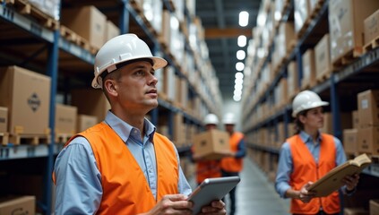 Team of Workers Inspecting Inventory in a Large Warehouse Facility