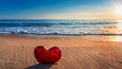 Fototapeta premium red stone in shape of heart on beach by sea