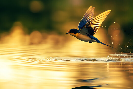 Flying Swallow over the Lake with reflection close-up. Generated by artificial intelligence.