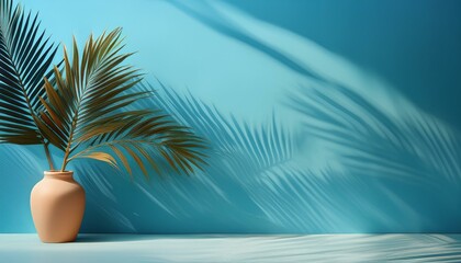 Obraz premium shadow from palm leaves on blue wall minimal abstract background for product presentation spring and summer