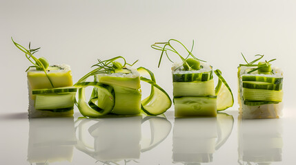 Vegan sushi rolls with avocado-cucumber filling, clean presentation for health-conscious themes.