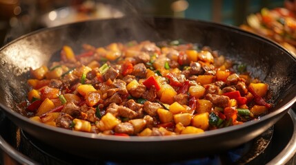 Delicious sizzling stir-fry in a pan.