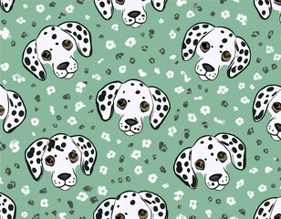 cute dalmatian dog seamless pattern on sage green background  illustration
