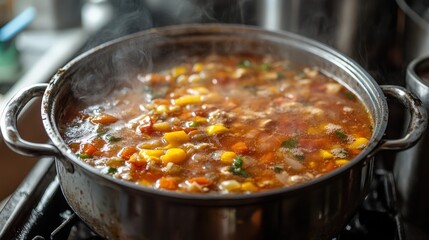 Delicious vegetable soup cooking in pot.