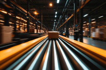 Fototapeta premium Package moves along conveyor belt in a modern, busy, automated warehouse