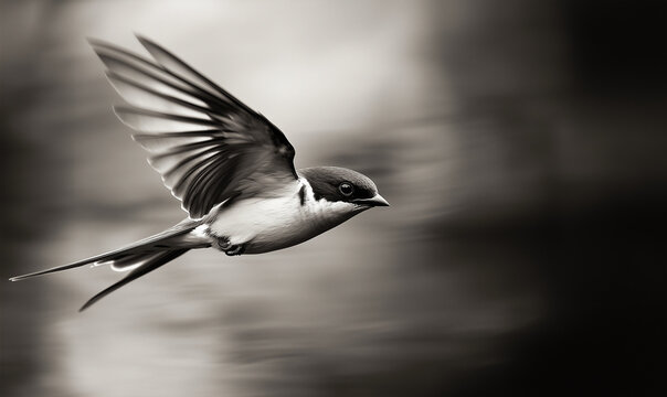 Black and white photo Swallow in flight close-up. Generated by artificial intelligence.