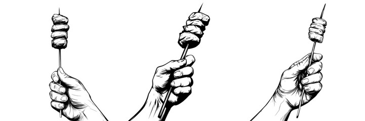 A hand grasps skewers with kebabs illustrated in a single continuous line, as a modern isolated stock image
