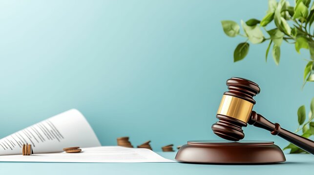 A gavel rests on a wooden block beside legal documents and greenery, symbolizing justice and the legal system.