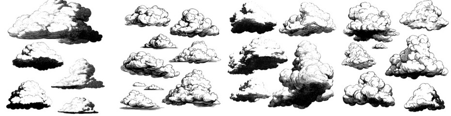 Vintage sketches of clouds and cloudiness, featuring a modern hand-drawn sky with ancient engraved fluffy clouds and antique map elements