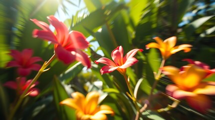 Fototapeta premium Tropical Flowers Background with Vibrant Colors and Lush Foliage for a Refreshing and Exotic Design