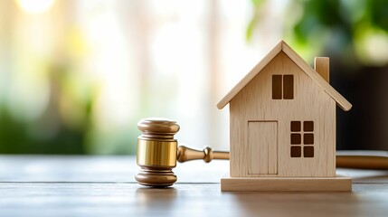 A wooden house model next to a gavel, symbolizing real estate and legal transactions in a bright, blurred background.