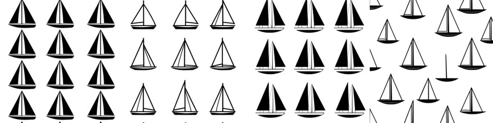 A hand drawn doodle of a boat or sailboat set against a seamless monochrome pattern, presented as a modern illustration isolated on a white background