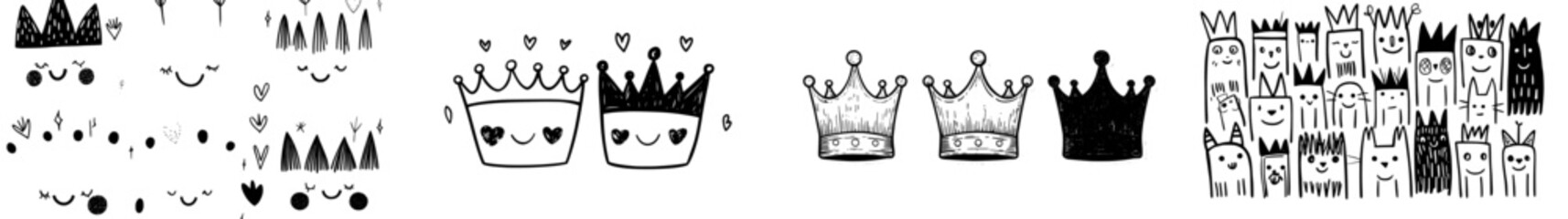 A set of hand drawn crown doodles featuring luxury heraldic symbols, including classic tiaras and royal diadems, in a modern line monochrome sketch style © Andrei
