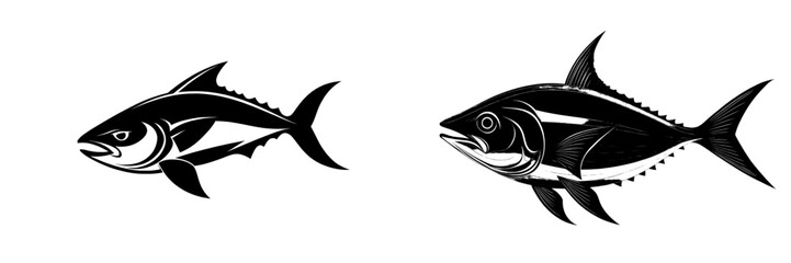 Vintage engraving style illustration of tuna fish, also usable as an icon or logo, representing seafood with a modern hand drawn twist in blue hues