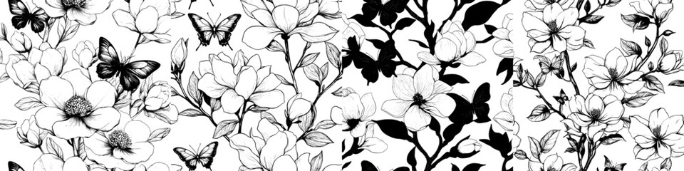 A stunning seamless pattern featuring hand-drawn modern black and white garden flowers and butterflies creates an endless backdrop of spring garden plants