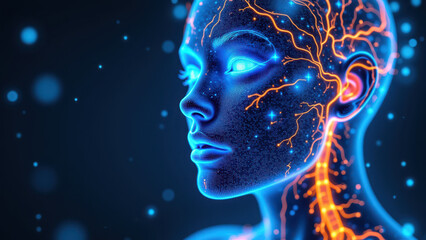 Vagus Nerve Stimulation (VNS) illustration with futuristic brain-like design and floating particles.