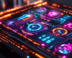 Obraz premium Language learning app in use, holographic translations appearing, clean minimalist desk setup, glowing neon light, photorealistic