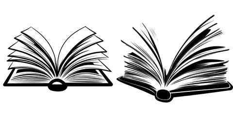A modern illustration of an open book icon, with hand drawn vintage outline, representing a diary, textbook, or dictionary, used by school students for studying and reading, and serving as a