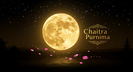Chaitra Purnima with Full Moon and Lotus Flowers