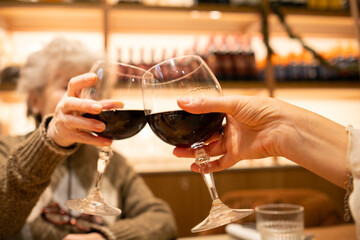 Two women provide with two drinks of red wine. One hand is young and the other is elderly. In the background there is an unfocused wines winery. Concept of good life, joy, lifestyle and celebration
