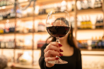 A young woman holds a fine crystal glass of wine in the foreground with a wine cellar from Tuscany on a large unfocused iron shelves. Concept of tasting, wine library, delicacy and sophistication