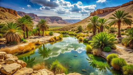 Ein Saharonim Spring Oasis in Makhtesh Ramon Crater, Israel Desert Landscape