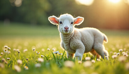 Naklejka premium Adorable baby lamb standing in a spring meadow at sunrise surrounded by daisies and soft sunlight