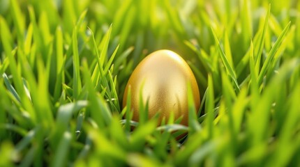 Fototapeta premium Golden egg lies hidden in lush fresh grass. Easter greeting card or poster for news with traditional egg hunt.