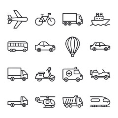 A set of black and white icons of various vehicles including cars, buses, trucks