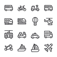 A set of black and white icons of various vehicles and modes of transportation
