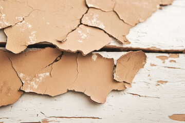 Close up of peeling paint on weathered wooden surface with cracks and texture details
