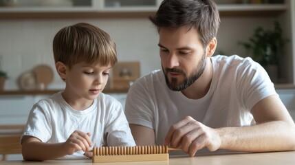 A father and son engage in a learning activity with an abacus, promoting education and bonding through hands-on play.