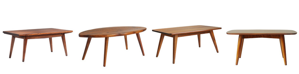 Fototapeta premium Mid-Century Modern Coffee Table Collection with Tapered Legs Showcasing Unique Designs and Natural Wood Finishes