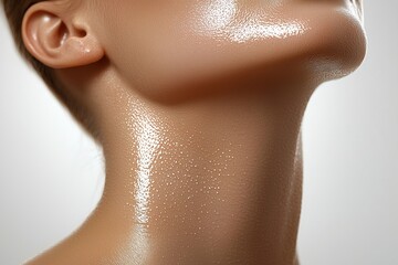 Detailed close-up view of a mannequin neck showcasing a shiny skin texture with beads of moisture reflecting light, emphasizing a lifelike appearance and realistic features