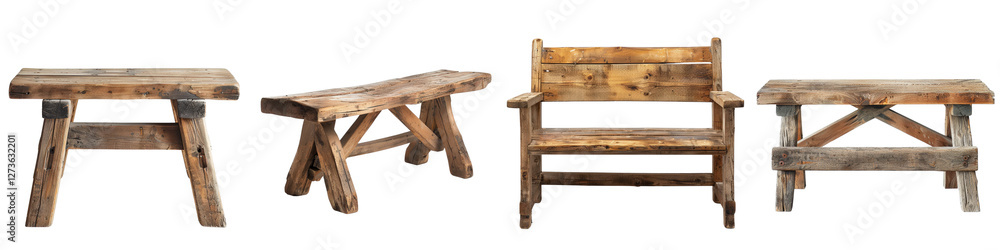 Poster rustic wooden benches with weathered finish isolated for creative and design use in various settings