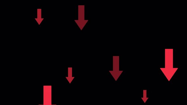 Falling Red Arrows Animation, Stock Market Decline Financial Loss, moving down, seamless loop motion graphic on a transparent background Alpha Channel, full-screen medium size