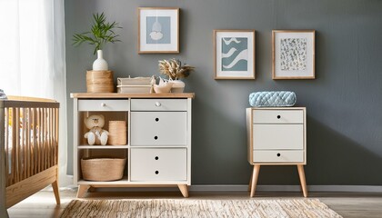 interior of nursery with commode shelf unit and pictures