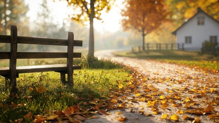 Obraz premium A serene autumn scene featuring a rustic bench, colorful leaves, a winding path, and a cozy house, illuminated by soft sunlight.
