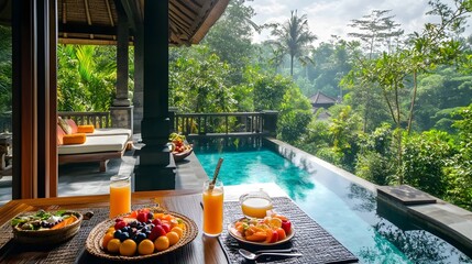 Fototapeta premium Peaceful breakfast by the luxurious pool