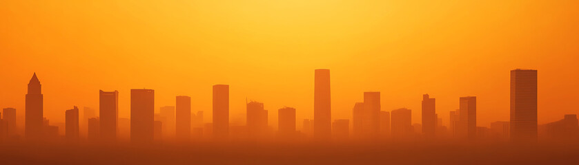 Silhouetted city skyline against vibrant orange sunset, modern skyscrapers and urban landscape.