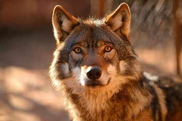 Obraz premium Close up of a Wolf looking directly at camera, with a blurred, natural background