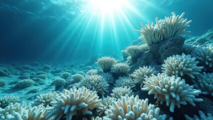 Bleached coral reef underwater with sunlight rays shining through clear ocean water	