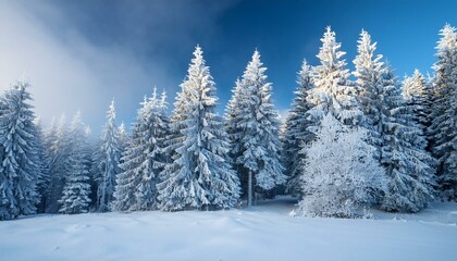 Naklejka premium fantastic snow capped conifers covered with hoarfrost on a frosty day