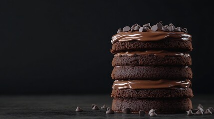 Stacked chocolate cake layers with chocolate chips on dark background