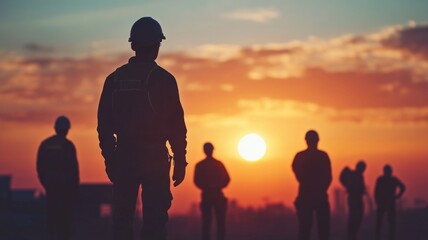 Fototapeta premium Engineers and construction workers silhouetted against a vibrant sunset during a project in an urban environment